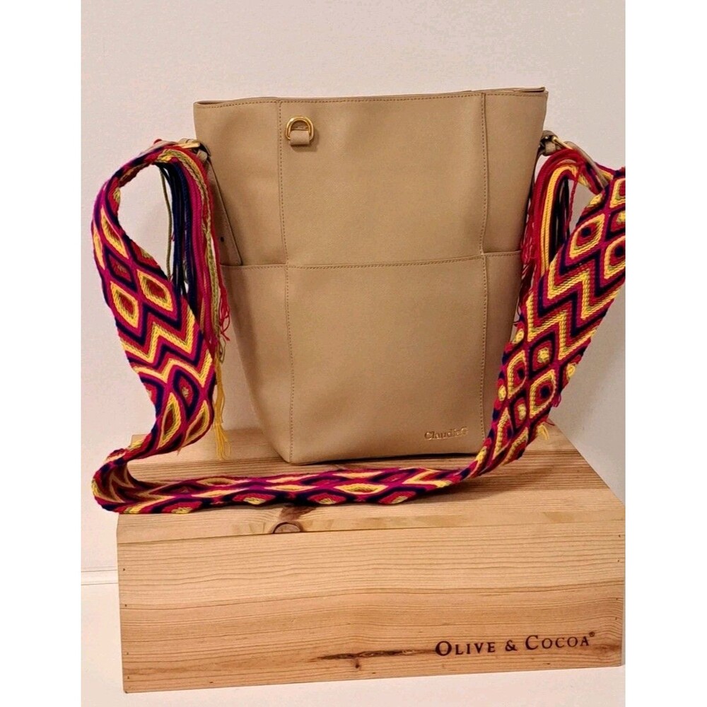 Claudia Ghizzani Tan Leather Bucket Crossbody Bag With Multicolor Woven Strap
